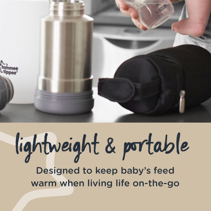 Insulated bottle bag on a kitchen counter with text about how it’s lightweight and portable