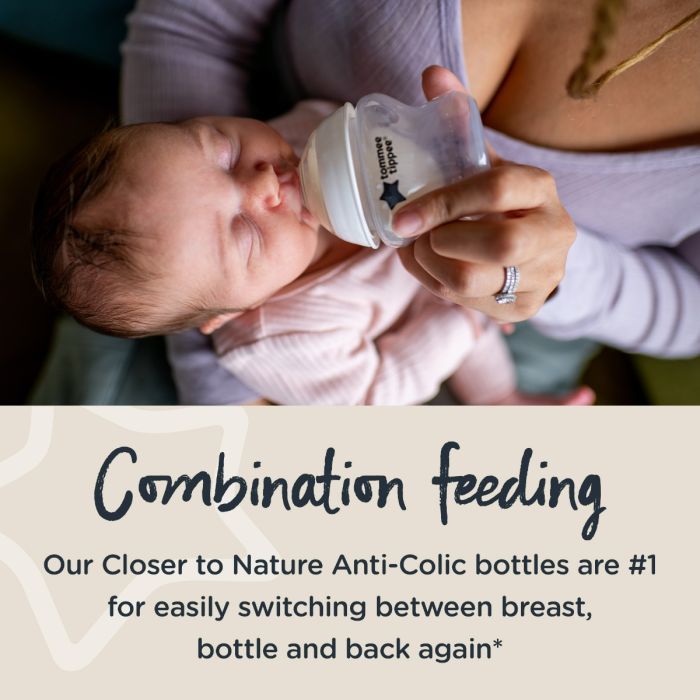 Mom feeding baby from 5oz Closer to Nature bottle with text about combination feeding