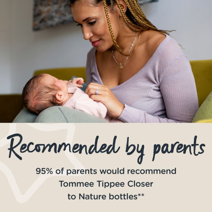 Mom holding baby on her lap with text about how our Closer to Nature bottles are recommended by parents