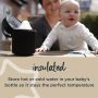 Mum and baby outside with an insulated bottle bag on the table with text about how it’s insulated